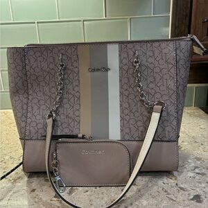 Calvin Klein Taupe and Cream Logo Stripe Tote with Wristlet